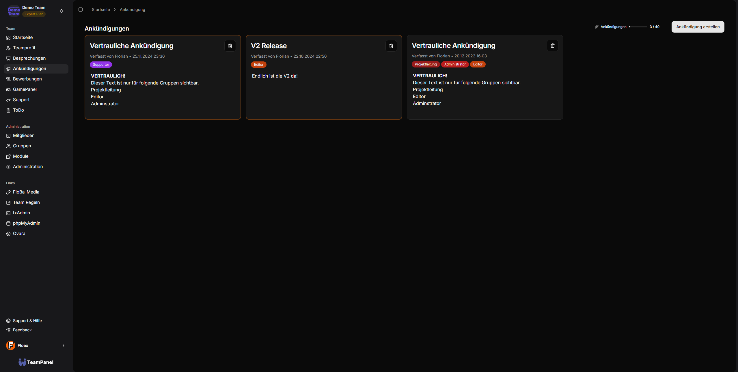 Announcements overview screenshot