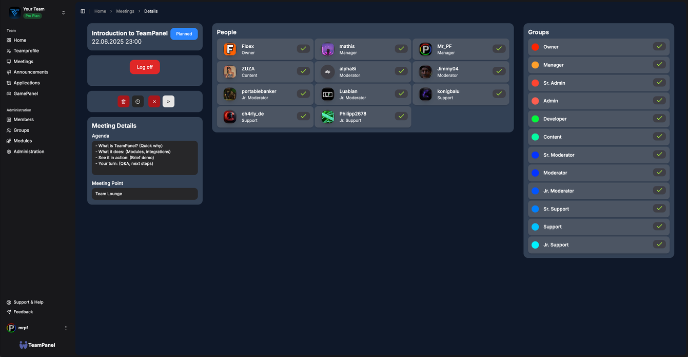 Team organization screenshot